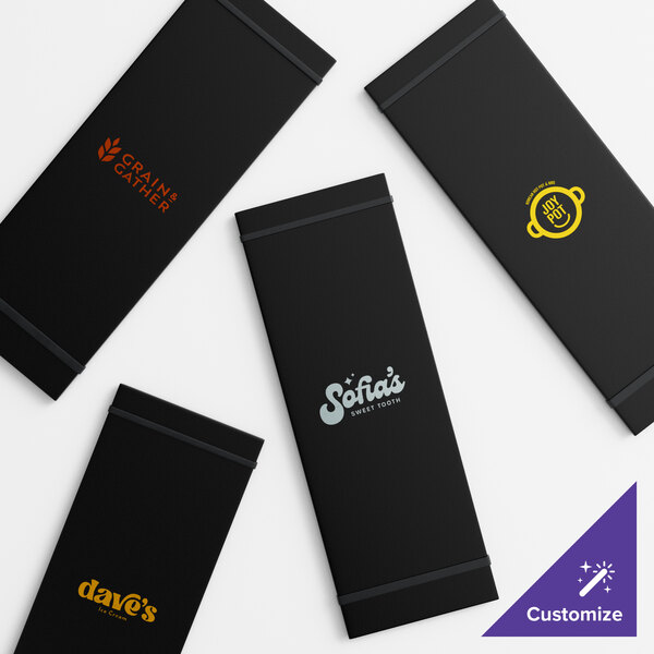 A set of four customizable black wood color menu holders or presenters with straps, each featuring different logos on the front.