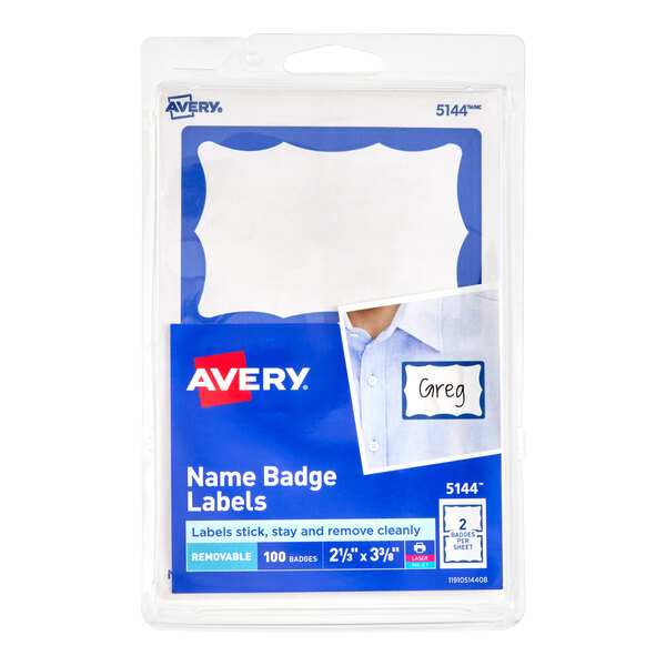 A pack of Avery 5144 printable self-adhesive name badge labels with a blue border, containing 100 badges.