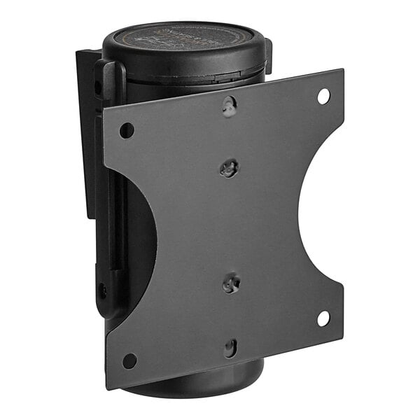 A black Lancaster Table & Seating wall mount stanchion bracket with holes.