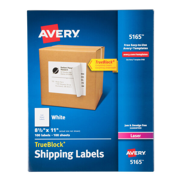 A box of Avery TrueBlock white shipping labels, featuring an image of a cardboard box with a label applied, and product details prominently displayed on the packaging.