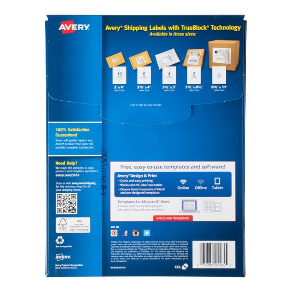 The image shows the back of a blue Avery shipping labels box, displaying available label sizes, product information, and instructions for templates and software.