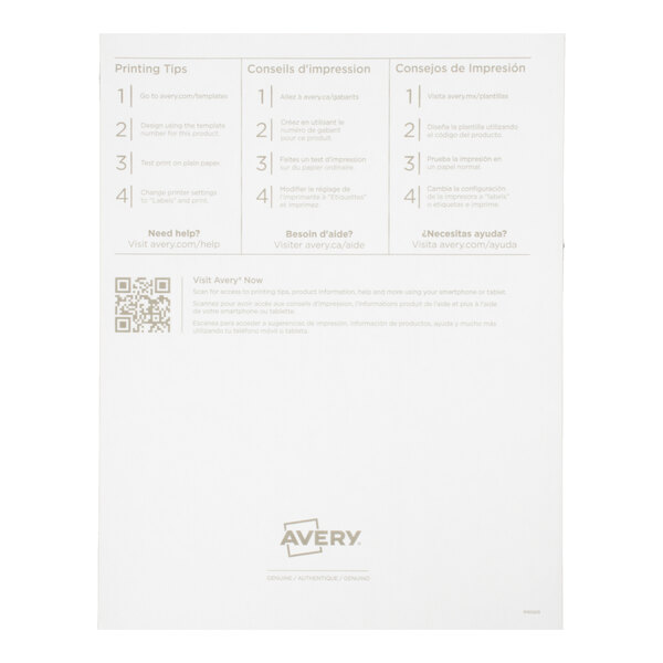 A white sheet with printed instructions and a QR code, featuring the Avery logo at the bottom.
