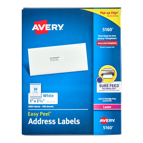 Avery® 5160 1" x 2 5/8" White Easy Peel Mailing Address Labels - 3,000/Box