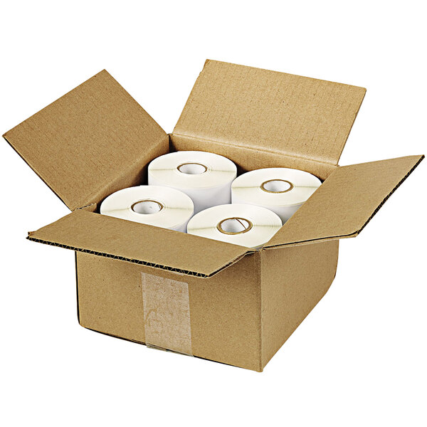 A white box with four rolls of Avery 4" x 6" shipping labels inside.