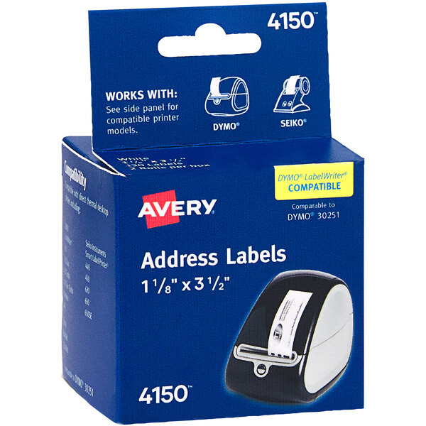 A blue box of Avery white thermal address labels with white text and images.