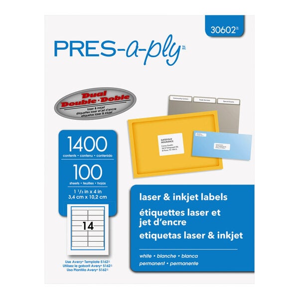 A box of PRES-a-ply laser and inkjet labels with 1,400 white labels, each measuring 1 1/3 x 4 inches, shown on the packaging.