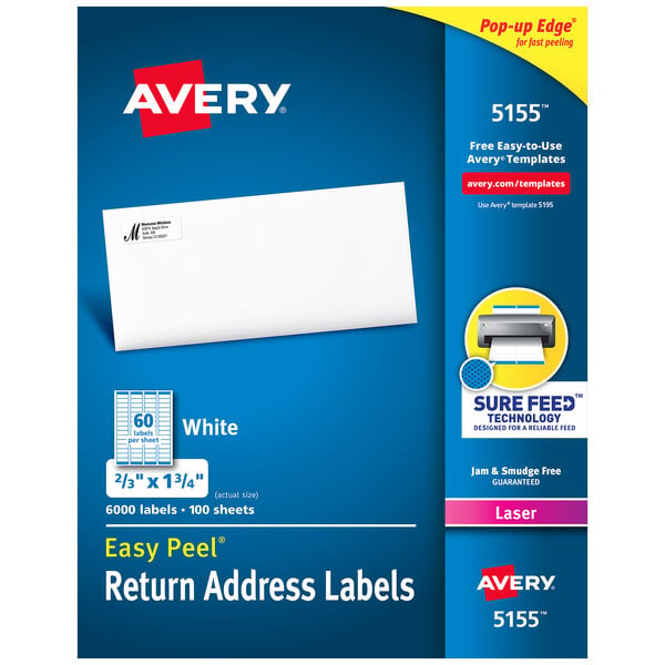 A blue box of Avery White Easy Peel Mailing Address Labels with a white rectangular object inside.