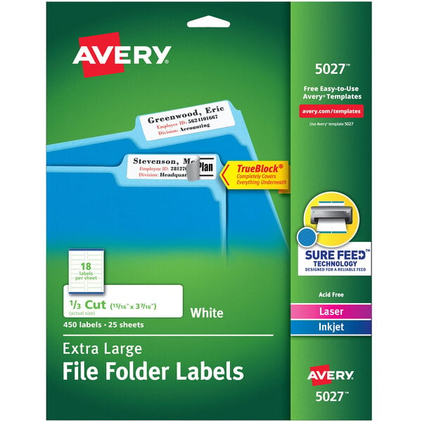 A package of Avery file folder labels with a white background and green accents.