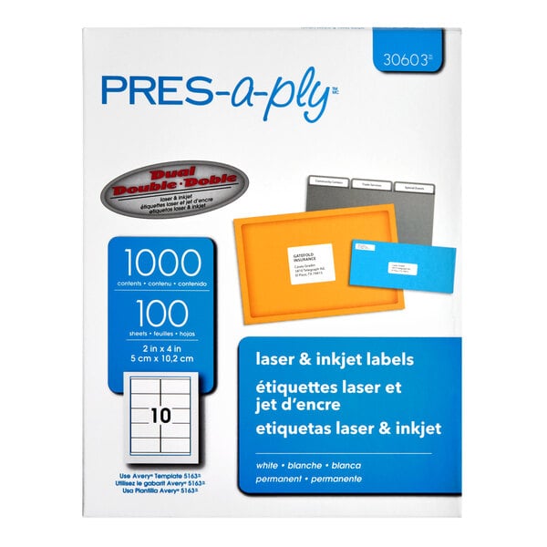 A box of PRES-a-ply laser and inkjet labels, featuring 1000 white labels sized 2 x 4 inches, with images of labeled folders and envelopes on the packaging.