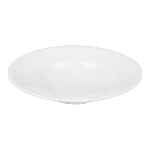 A white, wide-rimmed, deep porcelain bowl with a smooth, glossy finish.
