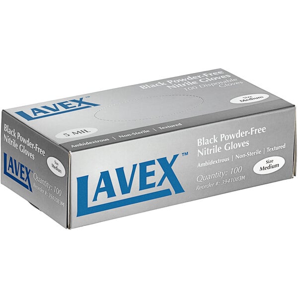 A white box of Lavex black nitrile gloves with black text.