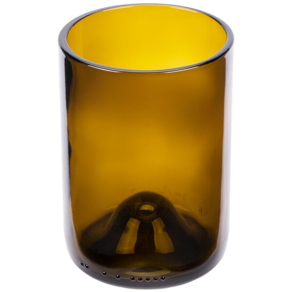 An Arcoroc brown glass wine tumbler with a black rim.
