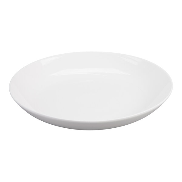 A plain, round, white porcelain bowl with gently curved sides.