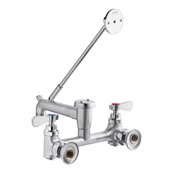 A silver and chrome Regency wall-mounted mop sink faucet with two handles.