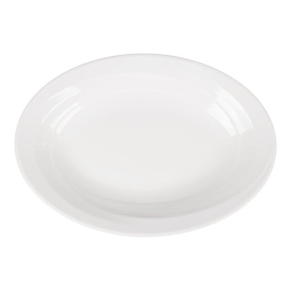 A plain white oval platter with a narrow rim, shown from above on a white background.