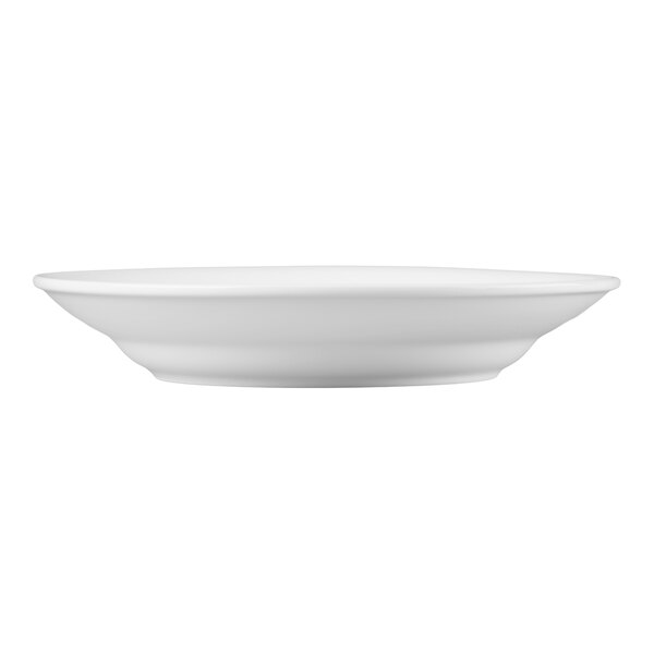 A white, round, shallow bowl with a smooth, slightly flared rim, viewed from the side.