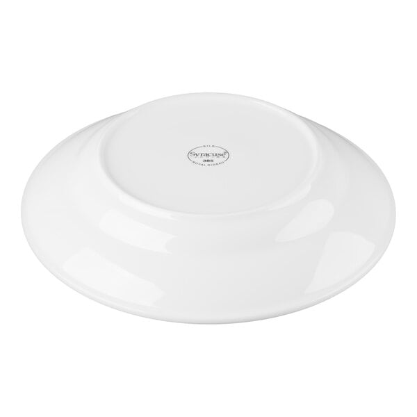 A white, round porcelain bowl shown upside down with a small logo or text at the center of the base.
