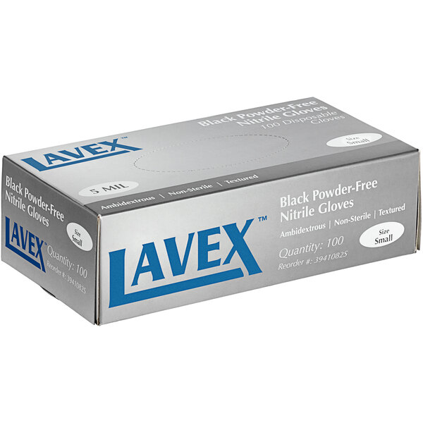A white box of Lavex black nitrile gloves.
