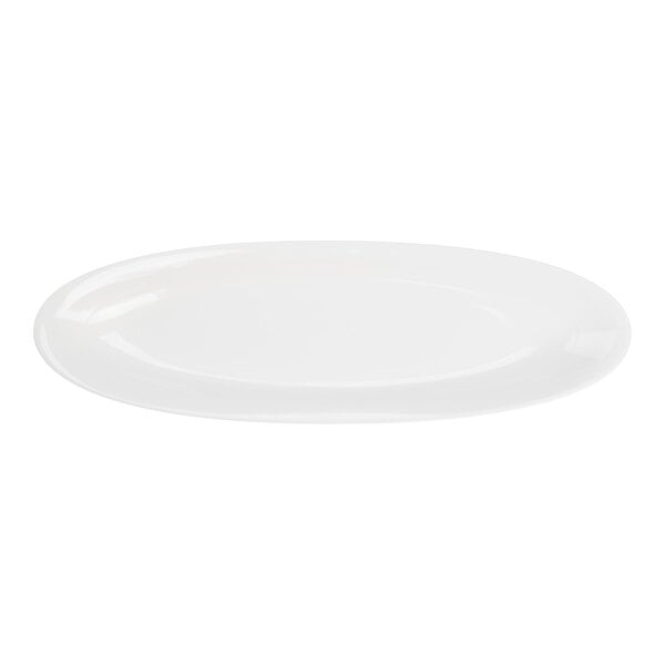 A plain, white, oval-shaped porcelain tray with a smooth surface.