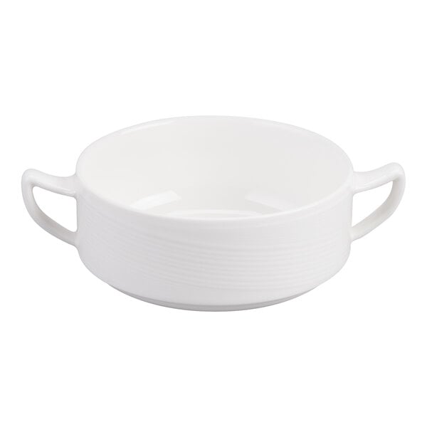 A white round porcelain soup cup with two handles, shown against a plain background.