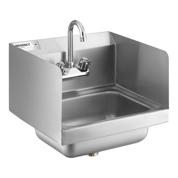 A stainless steel wall-mounted hand sink with a gooseneck faucet and high side splashes.