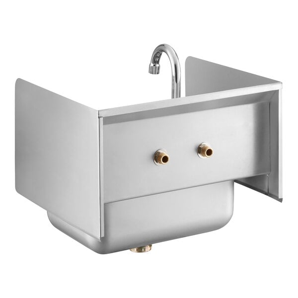 A stainless steel wall-mounted hand sink with a gooseneck faucet and high side splashes.