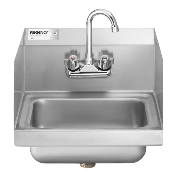 A stainless steel wall-mounted hand sink with a gooseneck faucet and side splashes.