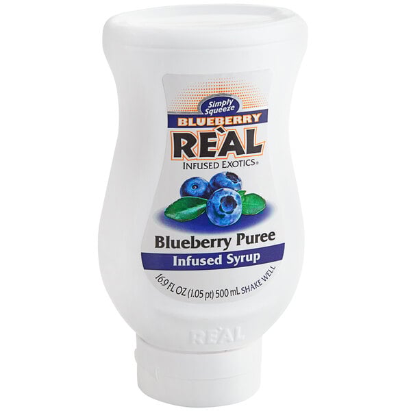A white plastic container of Real Blueberry Puree Infused Syrup with blueberries and green leaves on the label.
