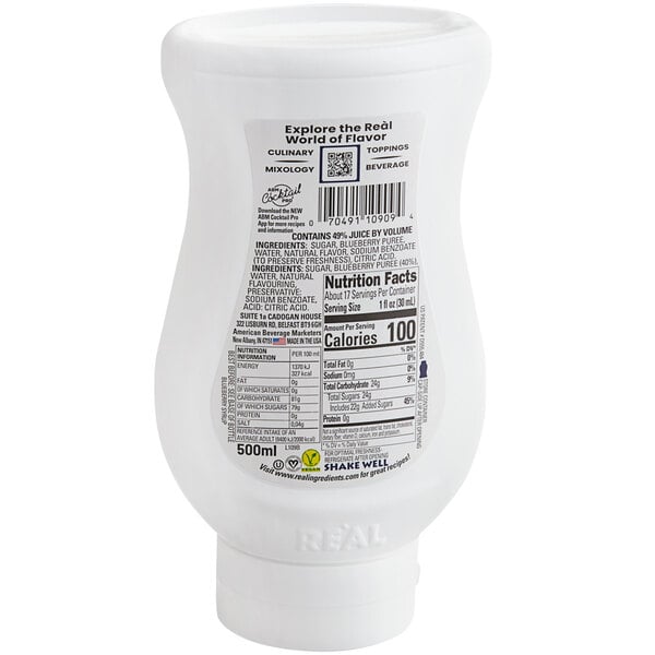 A white plastic bottle of Real Blueberry Puree Infused Syrup with black and white text.