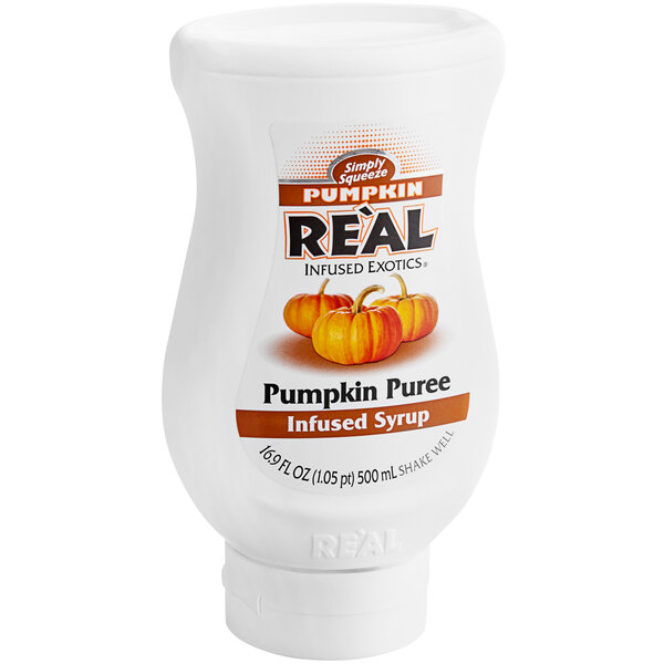 A white bottle of Real Pumpkin Puree Infused Syrup with a label.