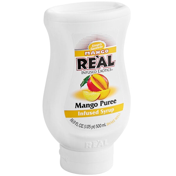 A white plastic bottle of Real Mango Puree Infused Syrup with a yellow label on it.