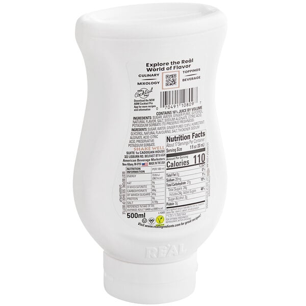 A white plastic bottle of Real Ginger Infused Syrup with black and white text.