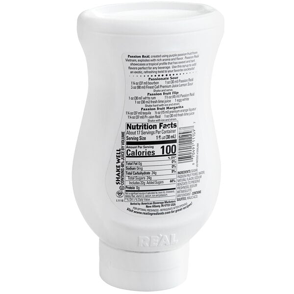 A white plastic bottle of Real Passion Fruit Puree Infused Syrup with black text.