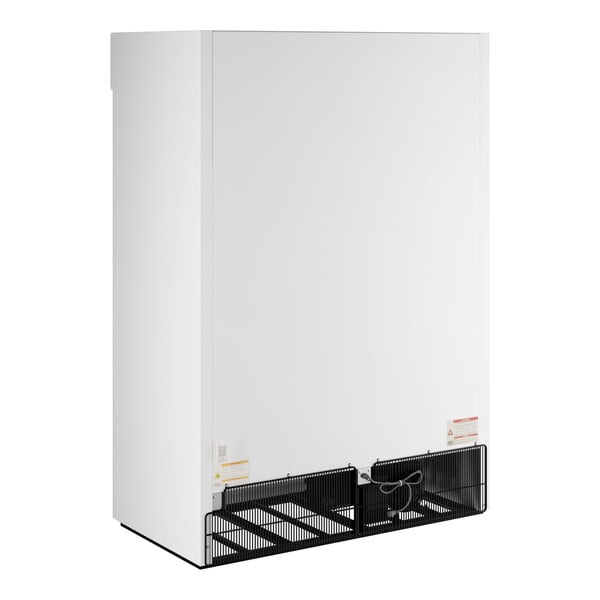 A white refrigerated sliding glass door merchandiser with LED lighting and a vented base.