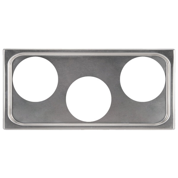 A stainless steel Vollrath adapter plate with three 8 3/8" holes.