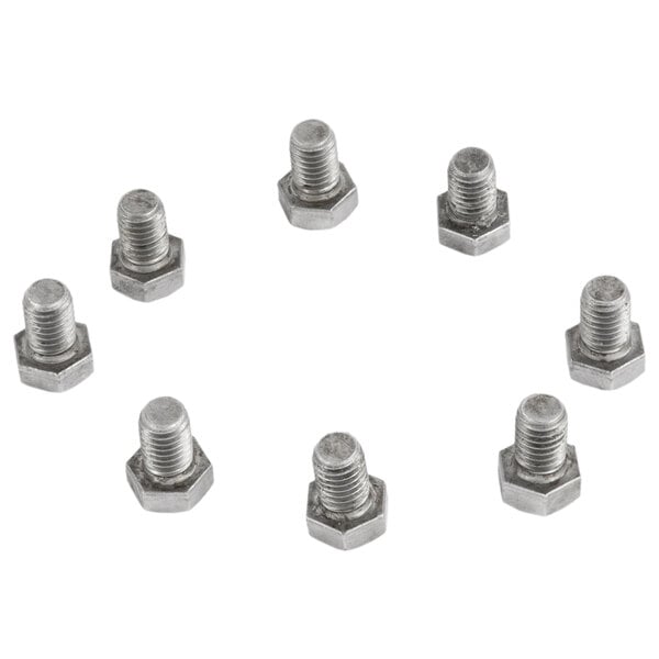 A group of six stainless steel stacking legs with feet and hex nuts.
