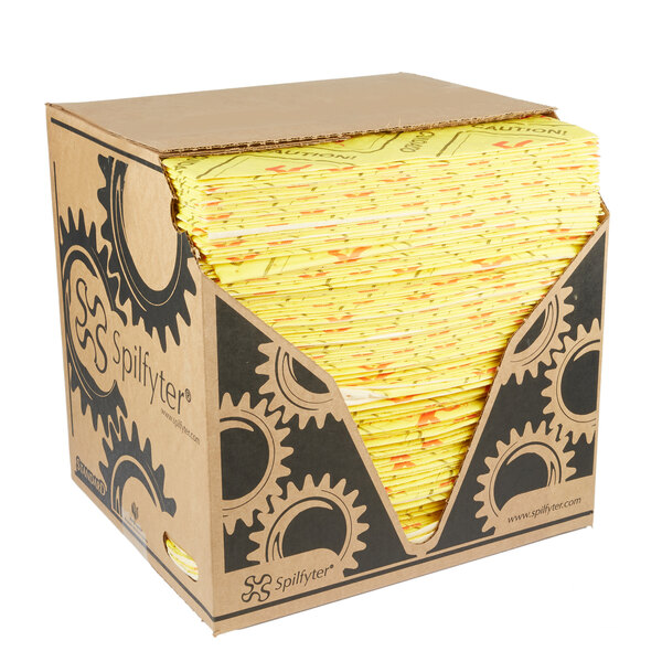 A box of yellow Spilfyter absorbent pads.