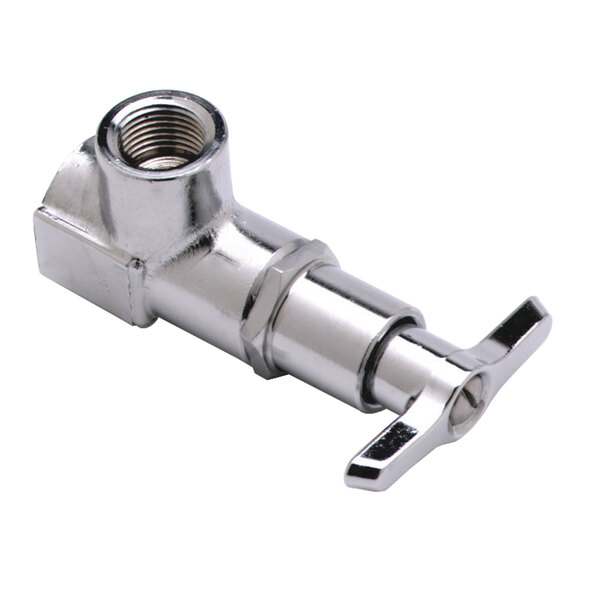 A close-up of a stainless steel T&S angle loose key stop valve with a handle.