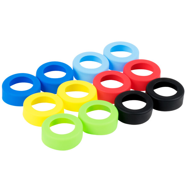 Tablecraft silicone squeeze bottle bands in blue and yellow circles.