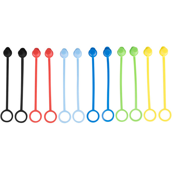 A yellow rectangular package of Tablecraft Squeeze Bottle Tethered Caps with white and blue accents.