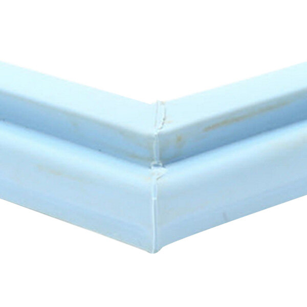 A close up of a blue plastic corner on a white background.