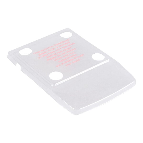 A clear plastic container with a clear plastic cover with red text.