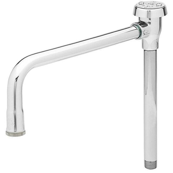 a silver faucet with a long spout