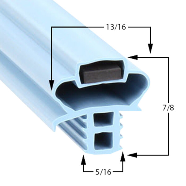 A blue PVC profile with black and white text showing measurements for a Delfield 1702508 equivalent magnetic drawer gasket.