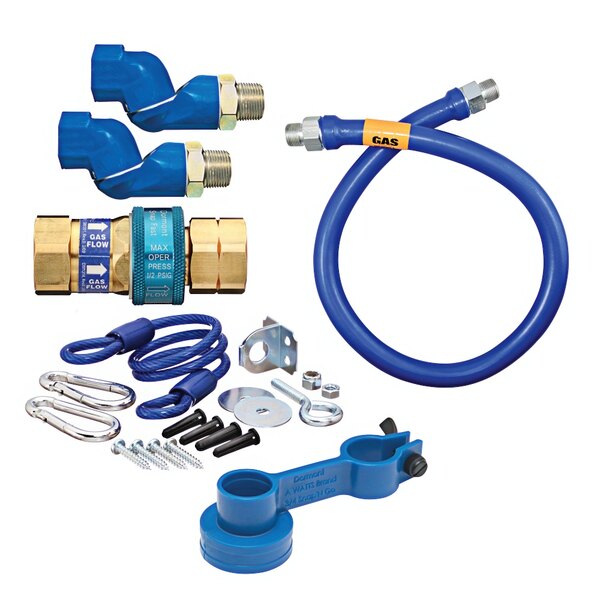 A blue flexible gas hose kit with yellow label.