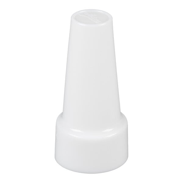 A white, conical plastic object with a flat top and a wider base, photographed against a plain background.