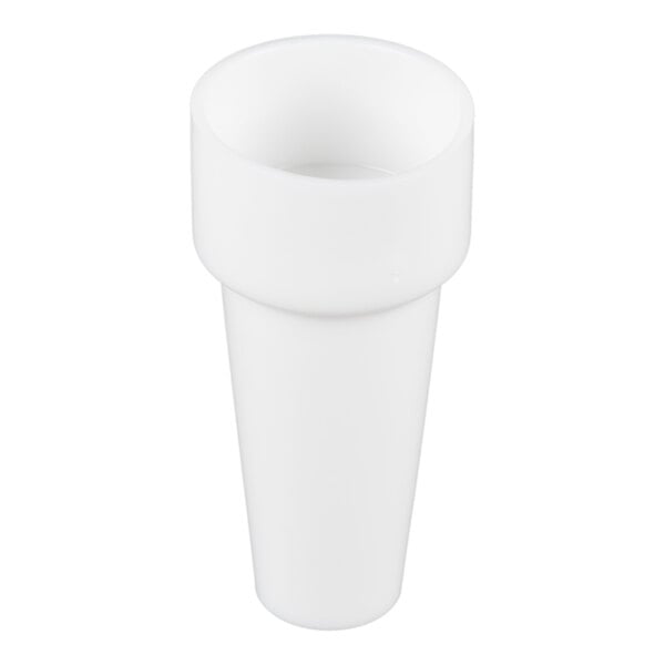 A white, cylindrical object with a wider top and a narrower base, resembling a cap or cover.