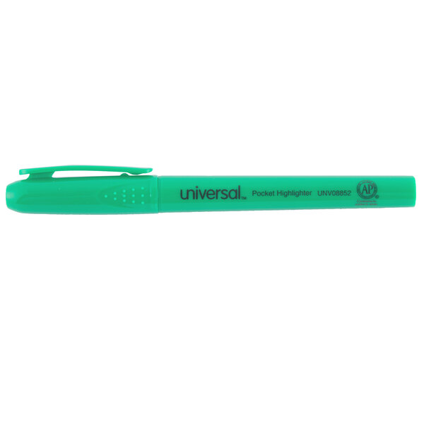 A Universal fluorescent green highlighter pen with a pocket clip.