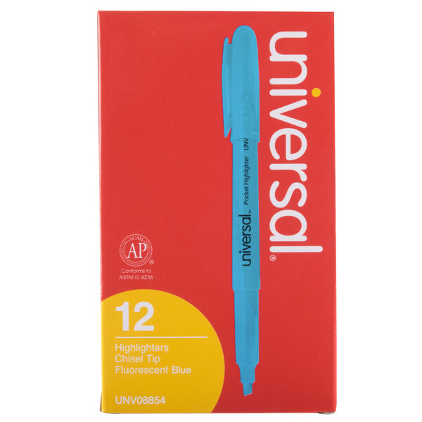 A box of Universal Fluorescent Blue Highlighters with a pocket clip.