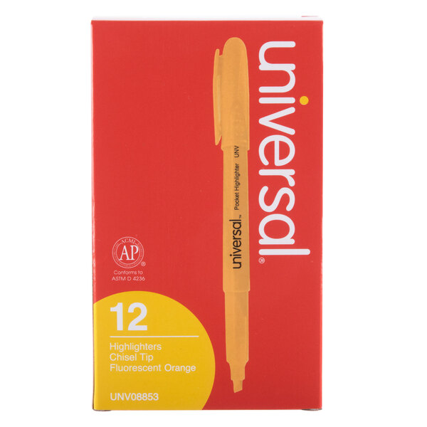 A red box of Universal Fluorescent Orange Chisel Tip Highlighters with a yellow pen inside.